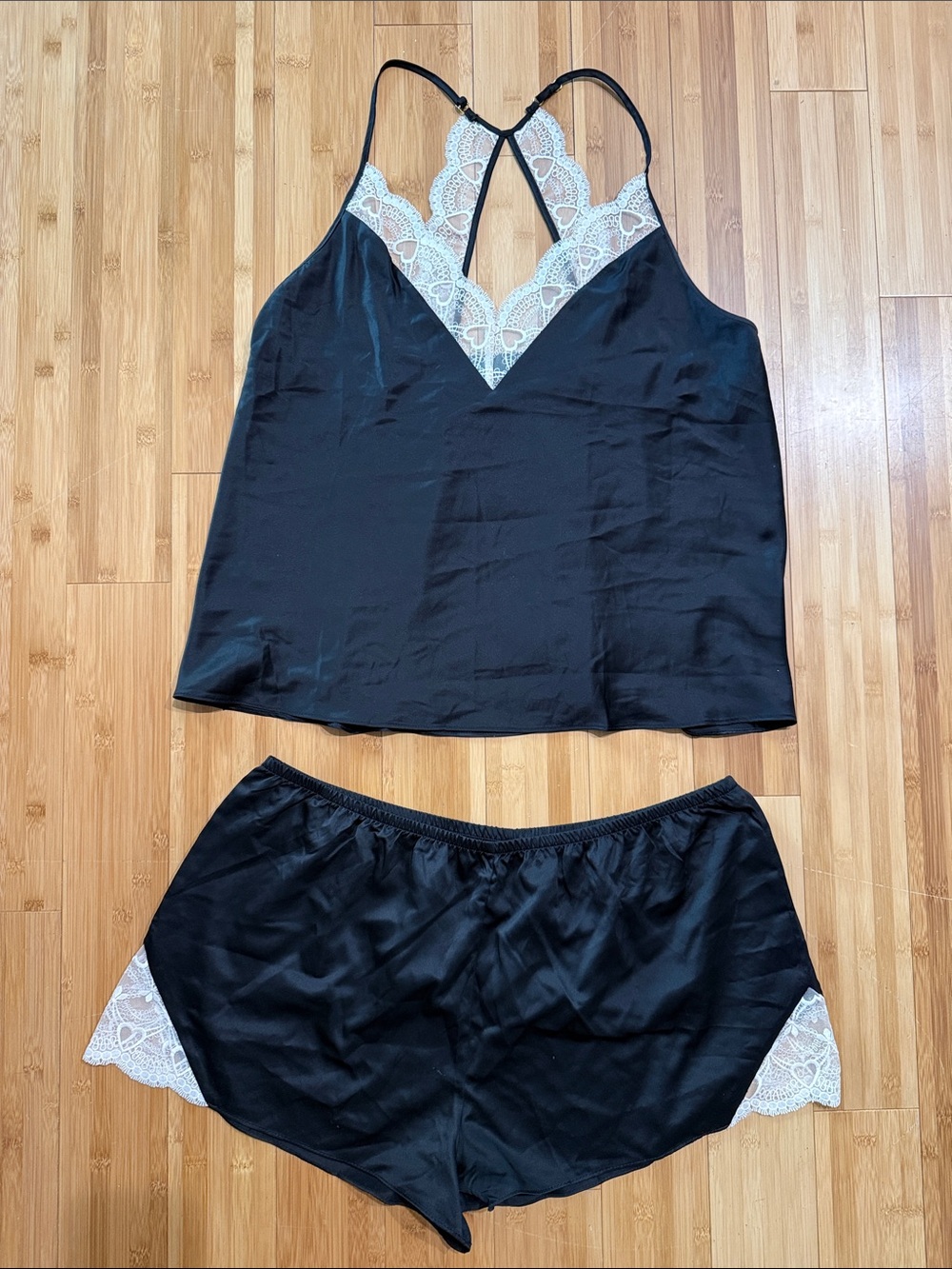 Flora Nikrooz Black Satin Cami & Lace-Trim Shorts Sleep Set